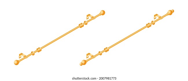 Vector illustration cornice for curtains isolated on white background. Set of realistic metal curtain rods and accessories icons in flat cartoon style. New curtain pole with rings for interior design.