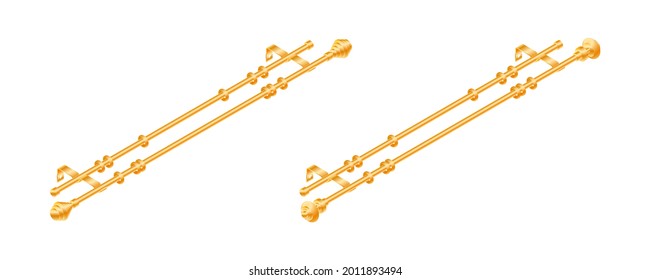 Vector illustration cornice for curtains isolated on white background. Set of realistic metal curtain rods and accessories icons in flat cartoon style. New curtain pole with rings for interior design.