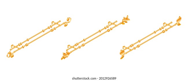 Cornisa vectorial para cortinas aisladas en fondo blanco. Conjunto de barras de cortinas metálicas realistas e iconos de accesorios en estilo de dibujos animados planos. Nueva cortina con anillos para el diseño interior.
