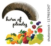 vector illustration of cornucopia and fruit design with lettering horn of plenty background white EPS10