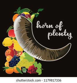 vector illustration of cornucopia and fruit design with lettering horn of plenty background dark brown EPS10