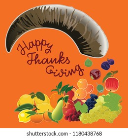 vector illustration of cornucopia and fruit design with lettering happy Thanksgiving background orange EPS10