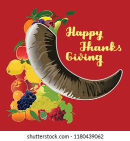vector illustration of cornucopia and fruit design with lettering happy Thanksgiving background red EPS10