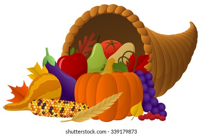 Dibujo vectorial de una cornucopia desbordante de frutas y hortalizas del otoño.