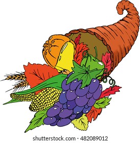Vector illustration cornucopia. Symbol Thanksgiving. Hand drawn set of fruits and vegetables.