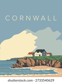 Vector illustration. Cornwall, travel poster, postcard, cover. Retro style. Tourism.