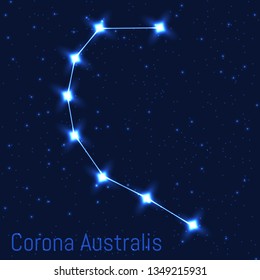 Vector illustration of Corona Australis constellation. Astronomical Southern crown. Cluster of realistic stars in the dark blue starry sky.