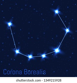 Vector illustration of Corona Borealis  constellation. Astronomical Northern crown. Cluster of realistic stars in the dark blue starry sky.