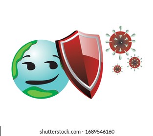 Vector illustration of corona covid-19 virus. The earth kills the corona virus. The concept of fighting the corona virus. the earth struggles and takes shelter against the corona virus