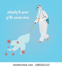 Vector illustration of Corona Covid-19 War Virus. cure corona virus. medical personnel fight by spraying disinfectants with the concept of a virus vaccine. end of 2019-ncov.do do not be afraid