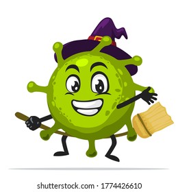 Vector Illustration of corona mascot or character wearing witch costume and ride flying broom