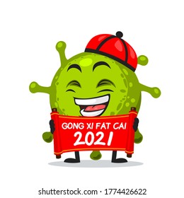 Vector Ilustración de la mascota corona o personaje con desplazamiento rojo y dice feliz año nuevo chino 2021