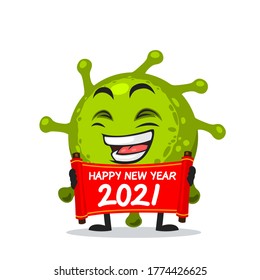 Vector Illustration of corona mascot or character holding red scroll and say happy new year