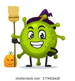 Vector Illustration of corona mascot or character wearing witch costume and holding broom