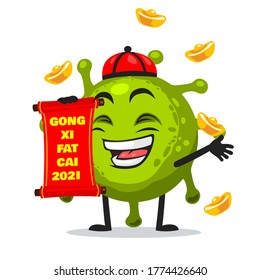 Vector Ilustración de la mascota corona o personaje con desplazamiento rojo y dice feliz año nuevo chino 2021