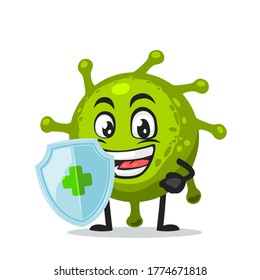 Vector Illustration of corona mascot or character holding shield for protection