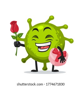 Vector Illustration of corona mascot or character give flower and holding pink