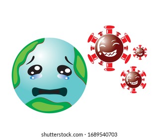 
vector illustration of a corona virus attacking the earth. the earth cried. flu or coronavirus outbreaks.