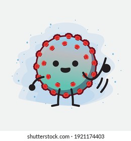 Vector Illustration of Corona Virus Character with cute face, simple hands and leg line art on Isolated Background. Flat cartoon doodle style.