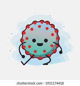 Vector Illustration of Corona Virus Character with cute face, simple hands and leg line art on Isolated Background. Flat cartoon doodle style.