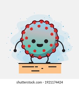 Vector Illustration of Corona Virus Character with cute face, simple hands and leg line art on Isolated Background. Flat cartoon doodle style.