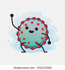 Vector Illustration of Corona Virus Character with cute face, simple hands and leg line art on Isolated Background. Flat cartoon doodle style.