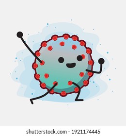 Vector Illustration of Corona Virus Character with cute face, simple hands and leg line art on Isolated Background. Flat cartoon doodle style.