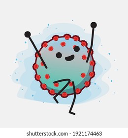 Vector Illustration of Corona Virus Character with cute face, simple hands and leg line art on Isolated Background. Flat cartoon doodle style.