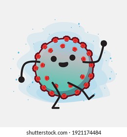 Vector Illustration of Corona Virus Character with cute face, simple hands and leg line art on Isolated Background. Flat cartoon doodle style.