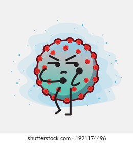 Vektorgrafik des Corona-Virus-Charakters mit süßem Gesicht, einfachen Händen und Beinlinien-Kunst auf isoliertem Hintergrund. Flacher Cartoon-Doodle-Stil.