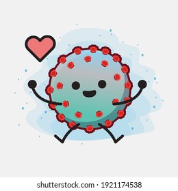 Vector Illustration of Corona Virus Character with cute face, simple hands and leg line art on Isolated Background. Flat cartoon doodle style.