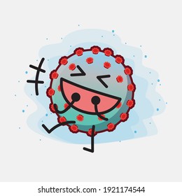 Vektorgrafik des Corona-Virus-Charakters mit süßem Gesicht, einfachen Händen und Beinlinien-Kunst auf isoliertem Hintergrund. Flacher Cartoon-Doodle-Stil.