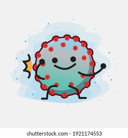 Vector Illustration of Corona Virus Character with cute face, simple hands and leg line art on Isolated Background. Flat cartoon doodle style.
