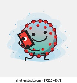 Vector Illustration of Corona Virus Character with cute face, simple hands and leg line art on Isolated Background. Flat cartoon doodle style.