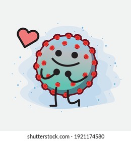 Vector Illustration of Corona Virus Character with cute face, simple hands and leg line art on Isolated Background. Flat cartoon doodle style.