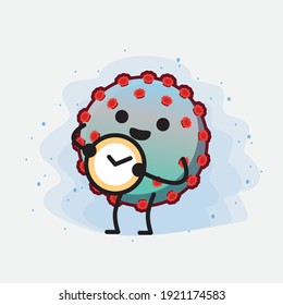 Vektorgrafik des Corona-Virus-Charakters mit süßem Gesicht, einfachen Händen und Beinlinien-Kunst auf isoliertem Hintergrund. Flacher Cartoon-Doodle-Stil.