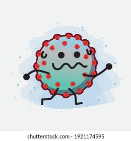 Ilustración vectorial de Corona Virus Character con cara linda, manos simples y líneas de piernas en fondo aislado. Estilo de dibujo animado plano.