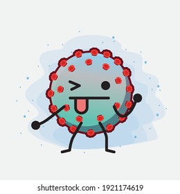Vektorgrafik des Corona-Virus-Charakters mit süßem Gesicht, einfachen Händen und Beinlinien-Kunst auf isoliertem Hintergrund. Flacher Cartoon-Doodle-Stil.