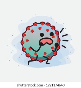 Vector Illustration of Corona Virus Character with cute face, simple hands and leg line art on Isolated Background. Flat cartoon doodle style.