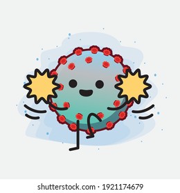 Vector Illustration of Corona Virus Character with cute face, simple hands and leg line art on Isolated Background. Flat cartoon doodle style.