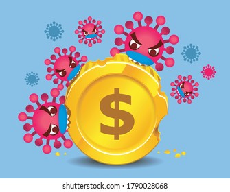 Vector illustration of Corona virus characters eating, biting, on a golden coin that has Dollar currency symbol, economic downturn