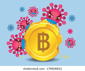 Vector illustration of Corona virus characters eating, biting, on a golden coin that has Thai Bath currency symbol, economic downturn