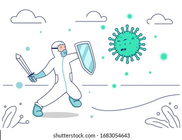 Vector Illustration Corona Virus Fight, Doctor Hazmat Suit With Warrior Sword And Shield Fight Covid Coronavirus Illustration