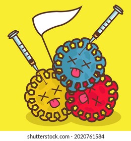 Vektorgrafik des Corona-Virus wird geimpft und die weiße Flagge als Zeichen der Kapitulation gehalten. Weltplage. Globale Pandemie. Gesundheitsproblem. Ende der Pandemie. Tötet das Virus.