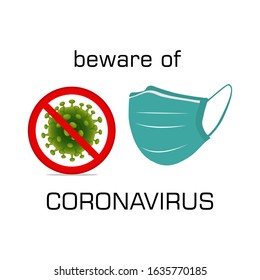 Vector illustration of Corona virus with red stop sign and mask on white background. Pandemic and corona virus outbreaks. mask to fight against Corona virus.Concept of fight against Many Virus attack.