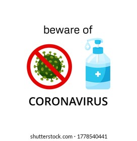 Ilustración vectorial del virus Corona con signo de parada roja y gel de mano antiséptico sobre fondo blanco. Brotes de virus pandémicos y coronarios. Gel de mano antiséptica para luchar contra muchos ataques de virus.