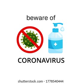 Vector illustration of Corona virus with red stop sign and Antiseptic hand gel on white background. Pandemic and corona virus outbreaks. Antiseptic hand gel to fight against Many Virus attack.