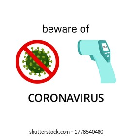 Vector illustration of Corona virus with red stop sign and Contactless Infrared Thermometer on white background. Pandemic and corona virus outbreaks. coronavirus covid-19 prevention in new normal