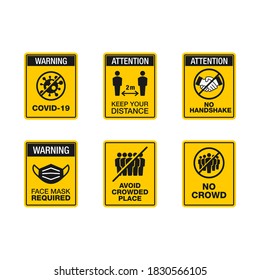 Vector Illustration Of Corona Virus Safety Tips And Precaution Sign. Suitable For Element Design Of Public Place Warning From COVID-19 Pandemic. No Handshake, Avoid Crowd, And Wear Face Mask Sign.