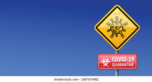 Vector illustration of Corona virus with yellow and red warning sign isolated on blue background. Covid-19 quarantine. Pandemic and coronavirus outbreaks. Concept of fight against virus attack.